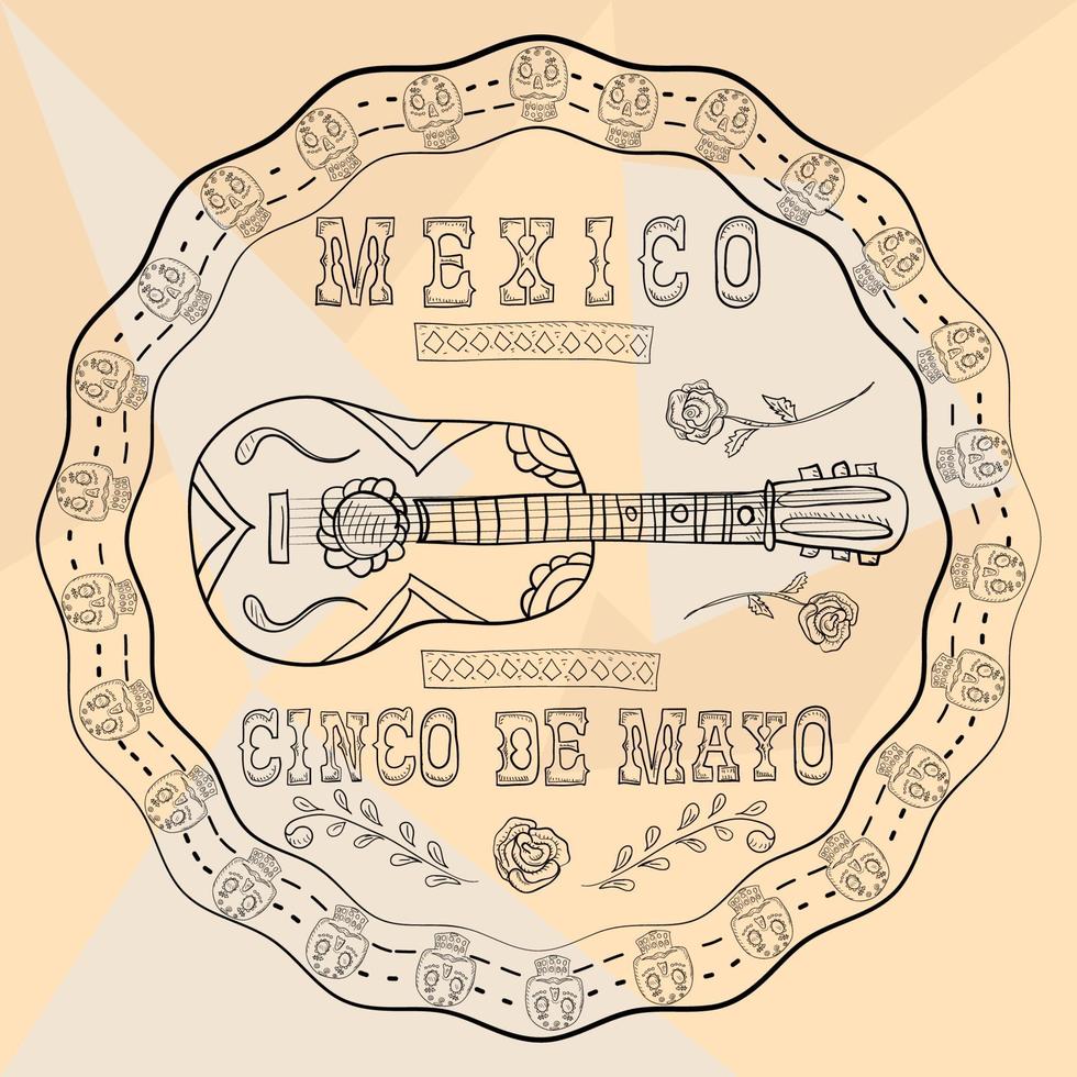 Adesivo de ornamento circular de ilustração de contorno com tema mexicano de crânios para design de decoração e fundos vetor