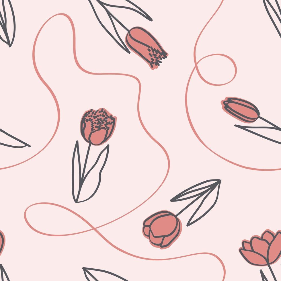 padrão de primavera sem costura com tulipas e fita em estilo de linha de arte vetor
