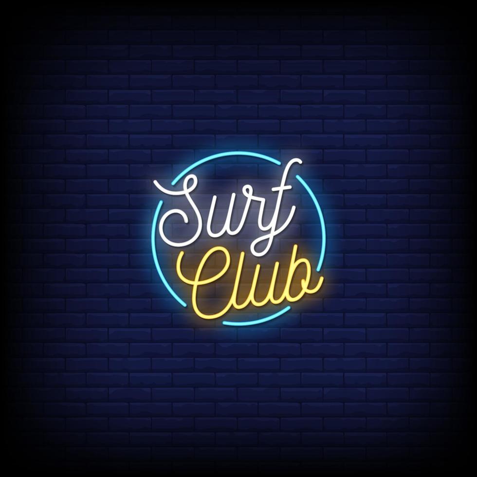 vetor de texto de estilo de sinais de néon do clube de surf