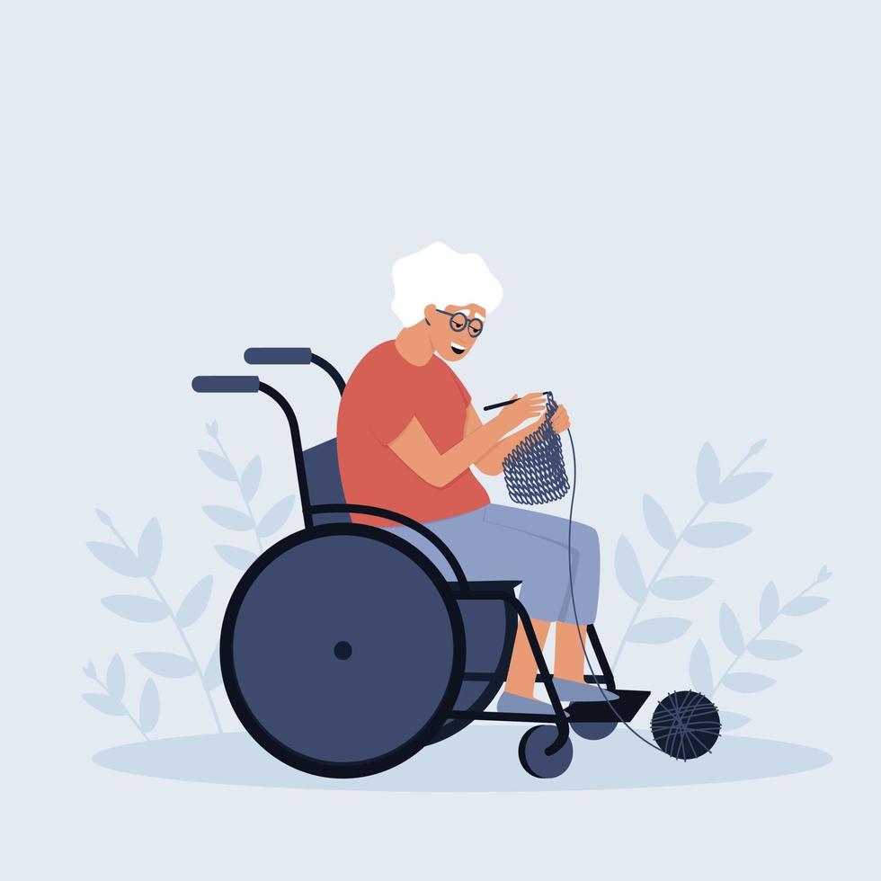 uma mulher idosa em uma cadeira de rodas está fazendo crochê vetor