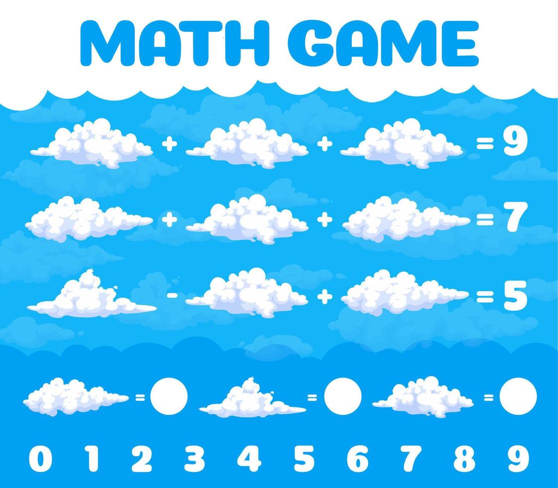 desenho animado branco nuvens dentro azul céu matemática jogos página vetor
