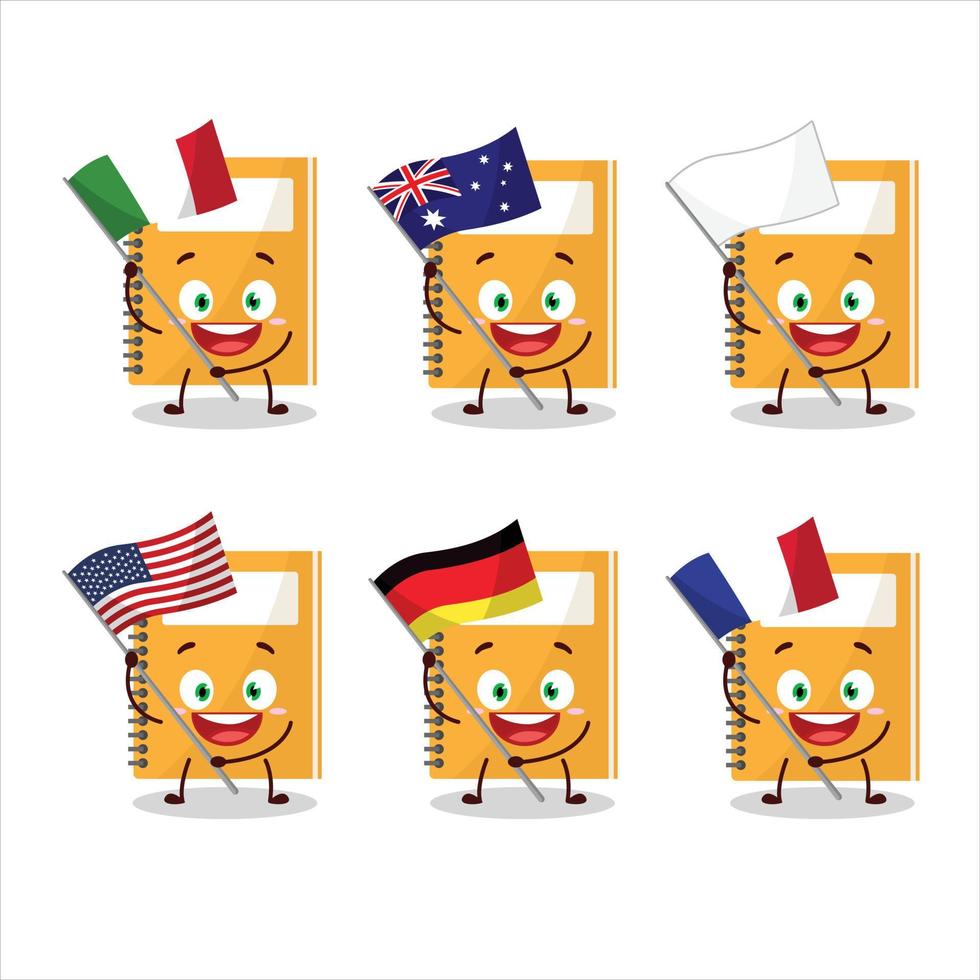 laranja estude livro desenho animado personagem trazer a bandeiras do vários países vetor