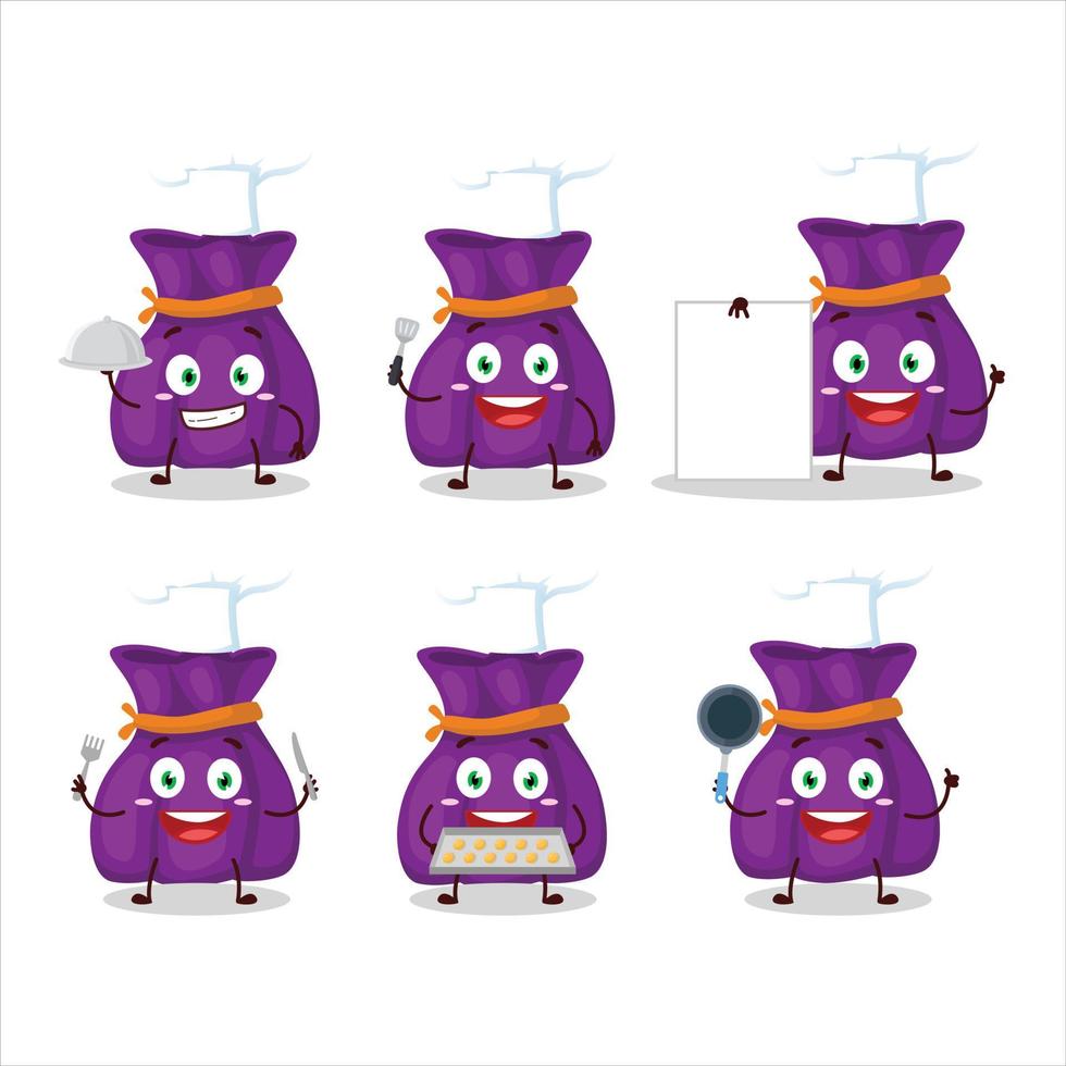 desenho animado personagem do roxa doce saco com vários chefe de cozinha emoticons vetor