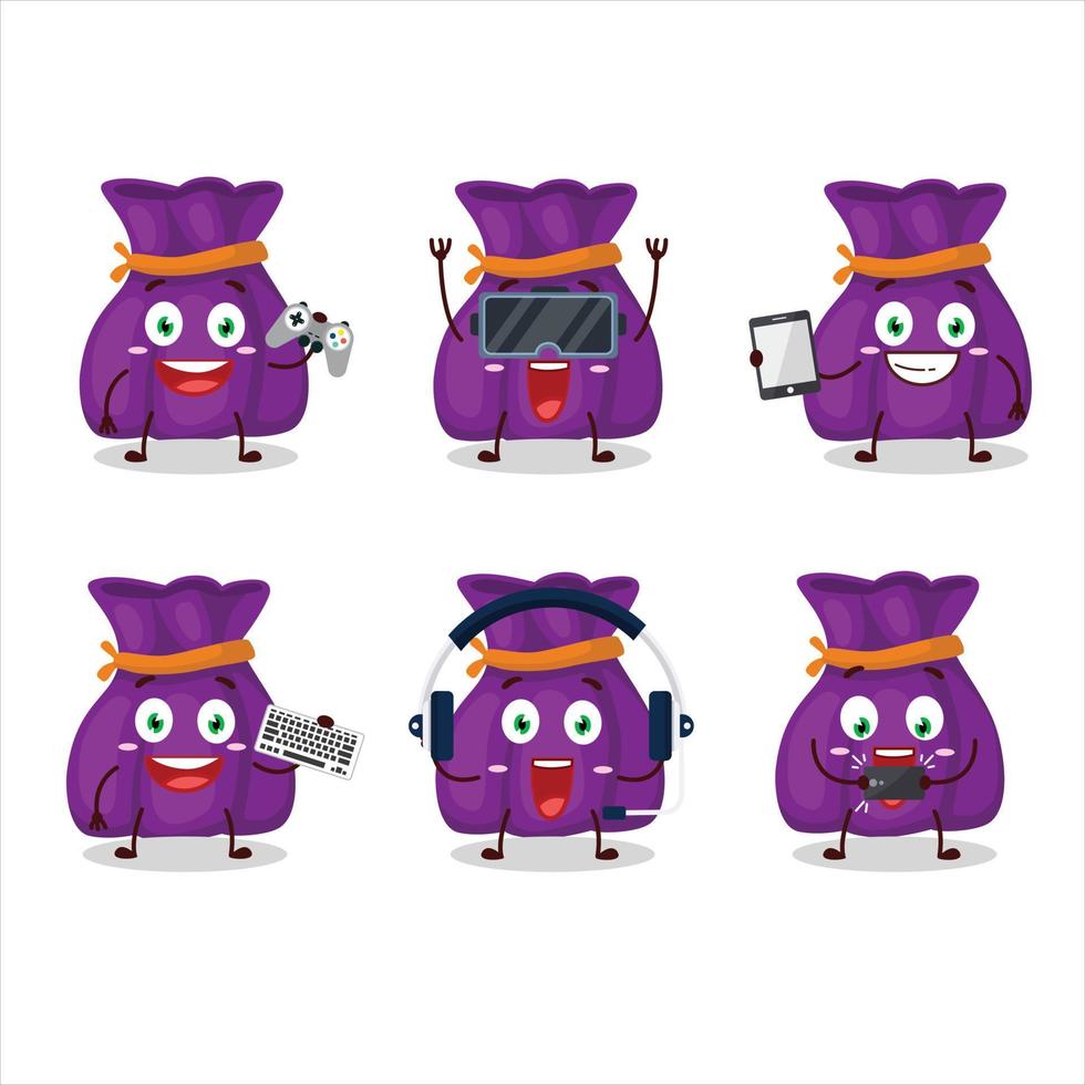 roxa doce saco desenho animado personagem estão jogando jogos com vários fofa emoticons vetor