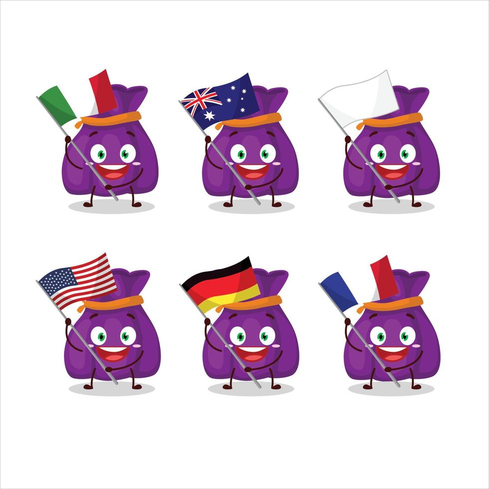 roxa doce saco desenho animado personagem trazer a bandeiras do vários países vetor