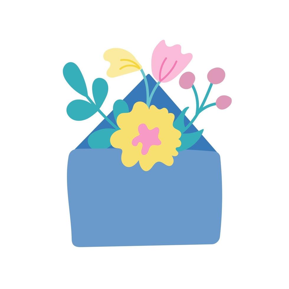 envelope azul com flores e plantas em um fundo branco. ilustração em vetor plana