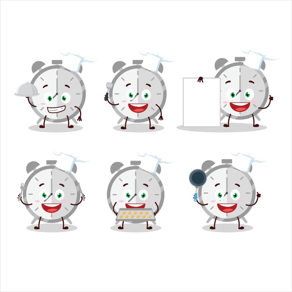 desenho animado personagem do alarme relógio com vários chefe de cozinha emoticons vetor