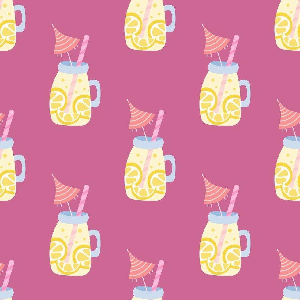 limonada em uma jarra com um canudo e um guarda-chuva em um fundo rosa. vetor verão padrão sem emenda