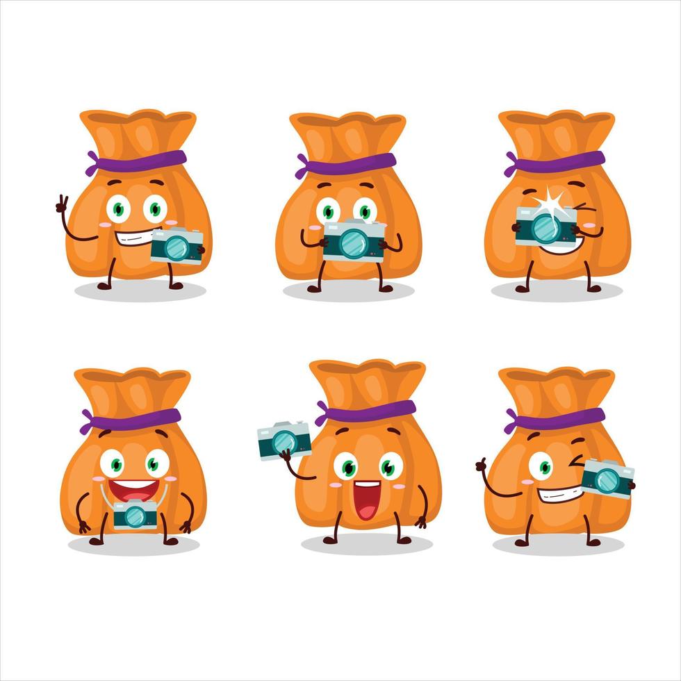 fotógrafo profissão emoticon com laranja doce saco desenho animado personagem vetor