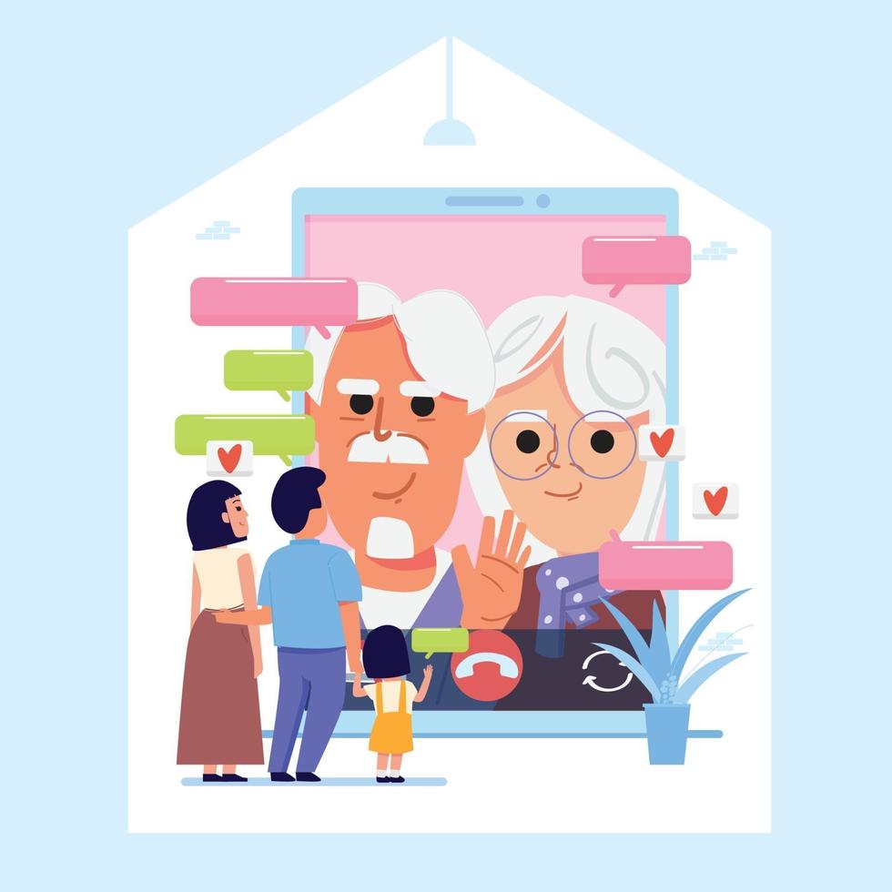 família fala com pais idosos por videochamada - ilustração vetorial vetor