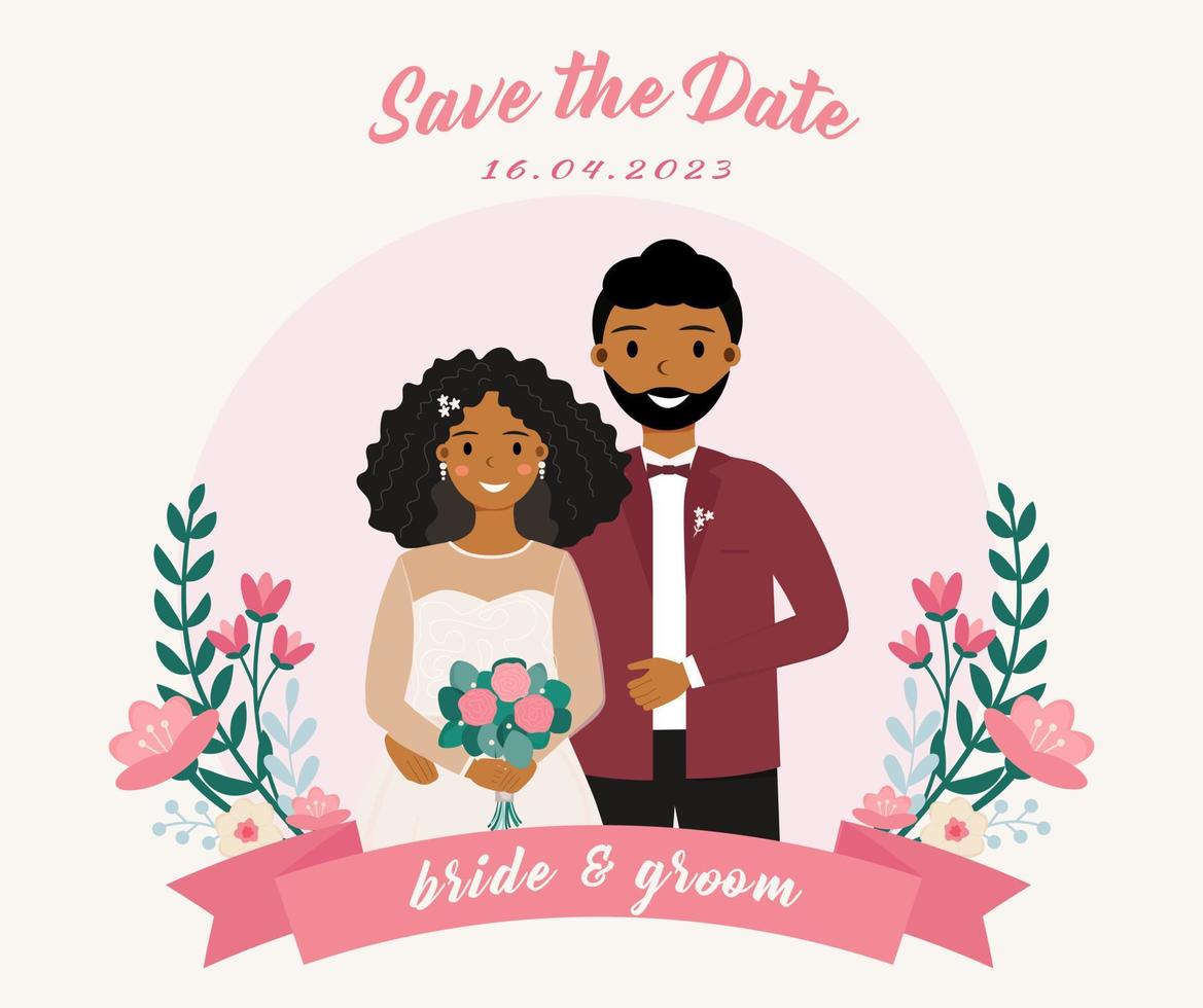 africano americano noiva e noivo com flores Casamento convite cartão. somente casado. casamento. feliz africano americano amoroso casal. vetor ilustração