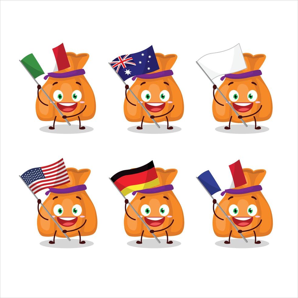 laranja doce saco desenho animado personagem trazer a bandeiras do vários países vetor
