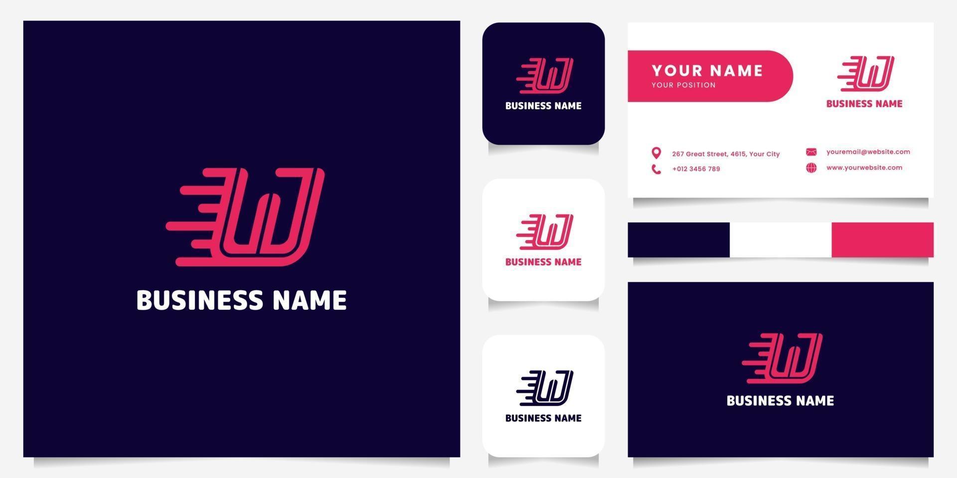 Letra rosa brilhante simples e minimalista com logotipo de velocidade w em fundo escuro logotipo com modelo de cartão de visita vetor