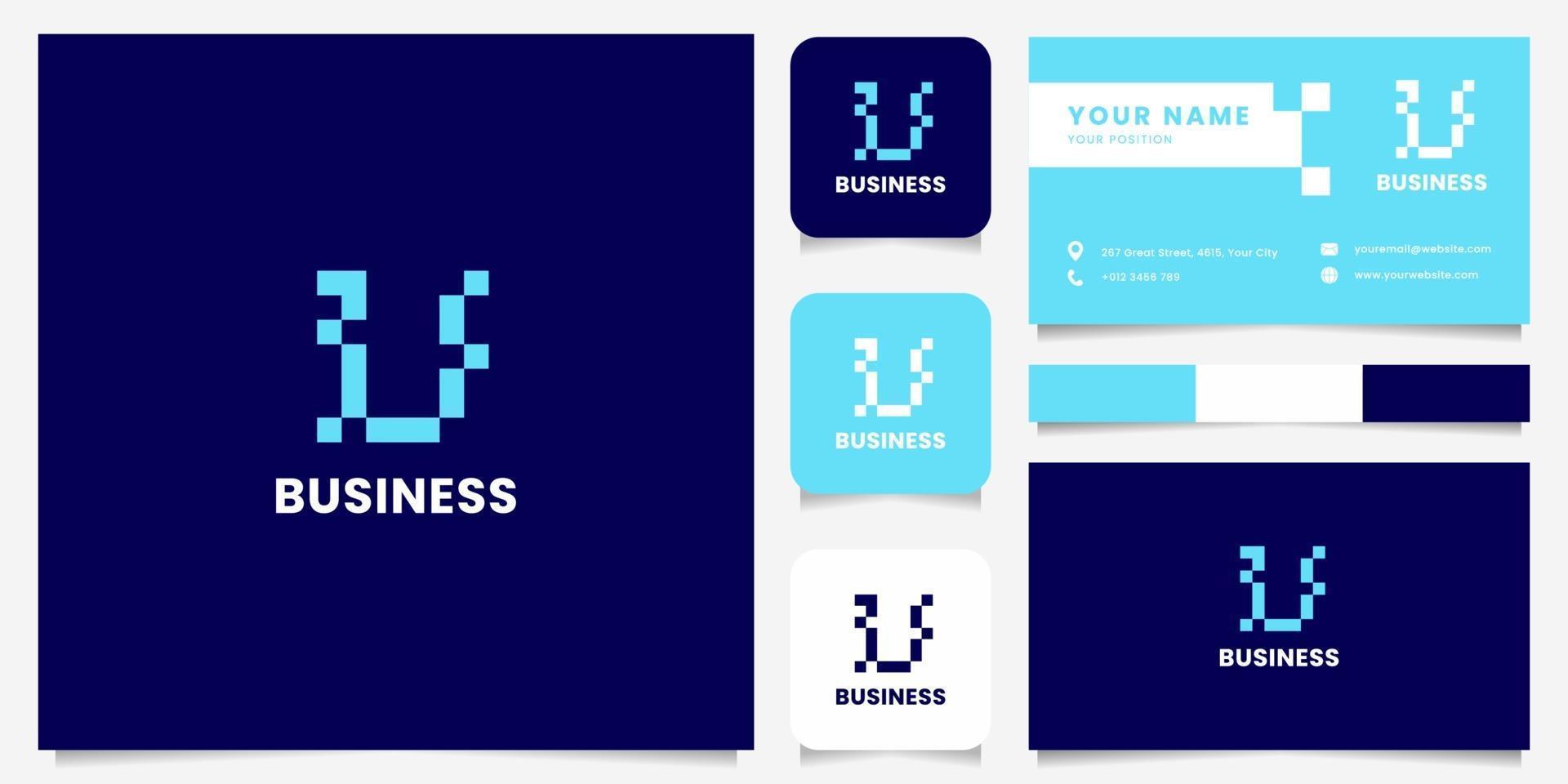 Logotipo da letra u de pixel azul simples e minimalista com modelo de cartão de visita vetor