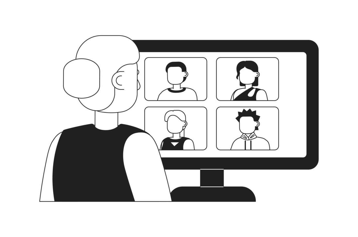 conectados encontro para controlo remoto trabalhadores 2d vetor monocromático isolado local ilustração. plano Preto e branco personagem em desenho animado fundo. fino linha editável cena para móvel, local na rede Internet, revista