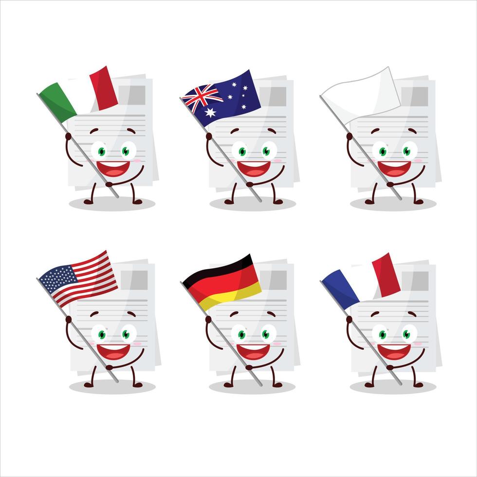 redação papel desenho animado personagem trazer a bandeiras do vários países vetor