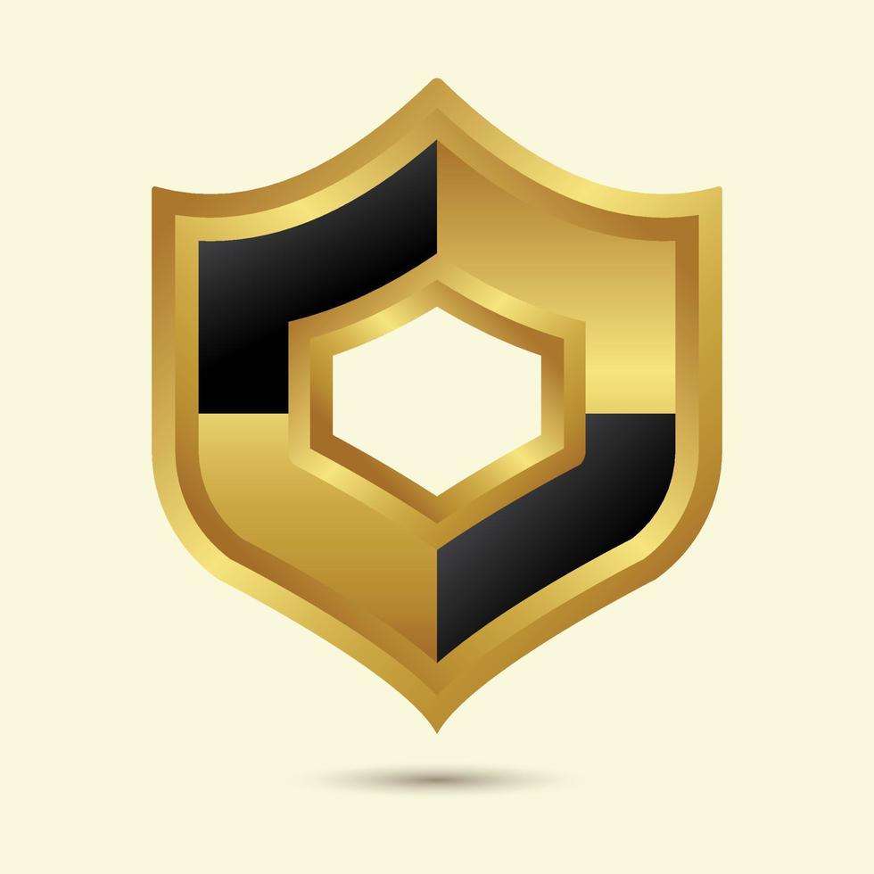 dourado 3d escudo logotipo com sombra vetor