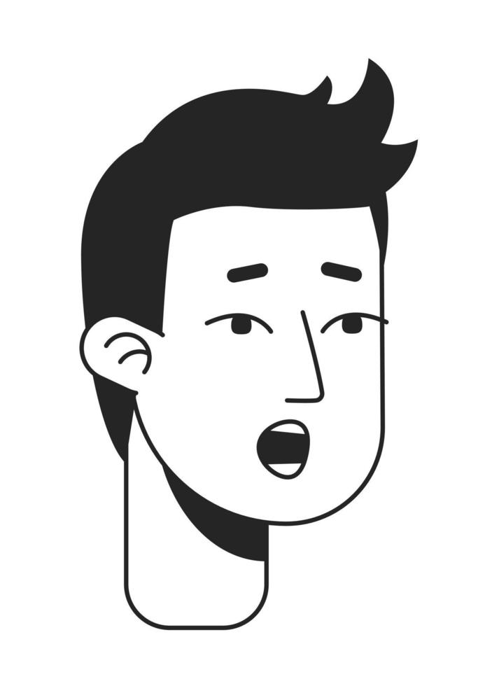 jovem homem mostrando surpresa monocromático plano vetor personagem cabeça. Preto e branco avatar ícone. editável desenho animado do utilizador retrato. mão desenhado tinta local ilustração para rede gráfico Projeto e animação