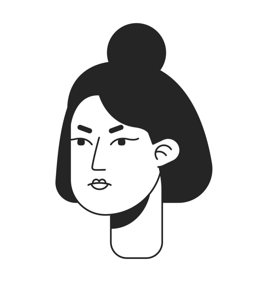 desapontado mulher com nó pão monocromático plano vetor personagem cabeça. Preto branco avatar ícone. editável desenho animado retrato. desenhado à mão tinta local ilustração para rede gráfico projeto, animação