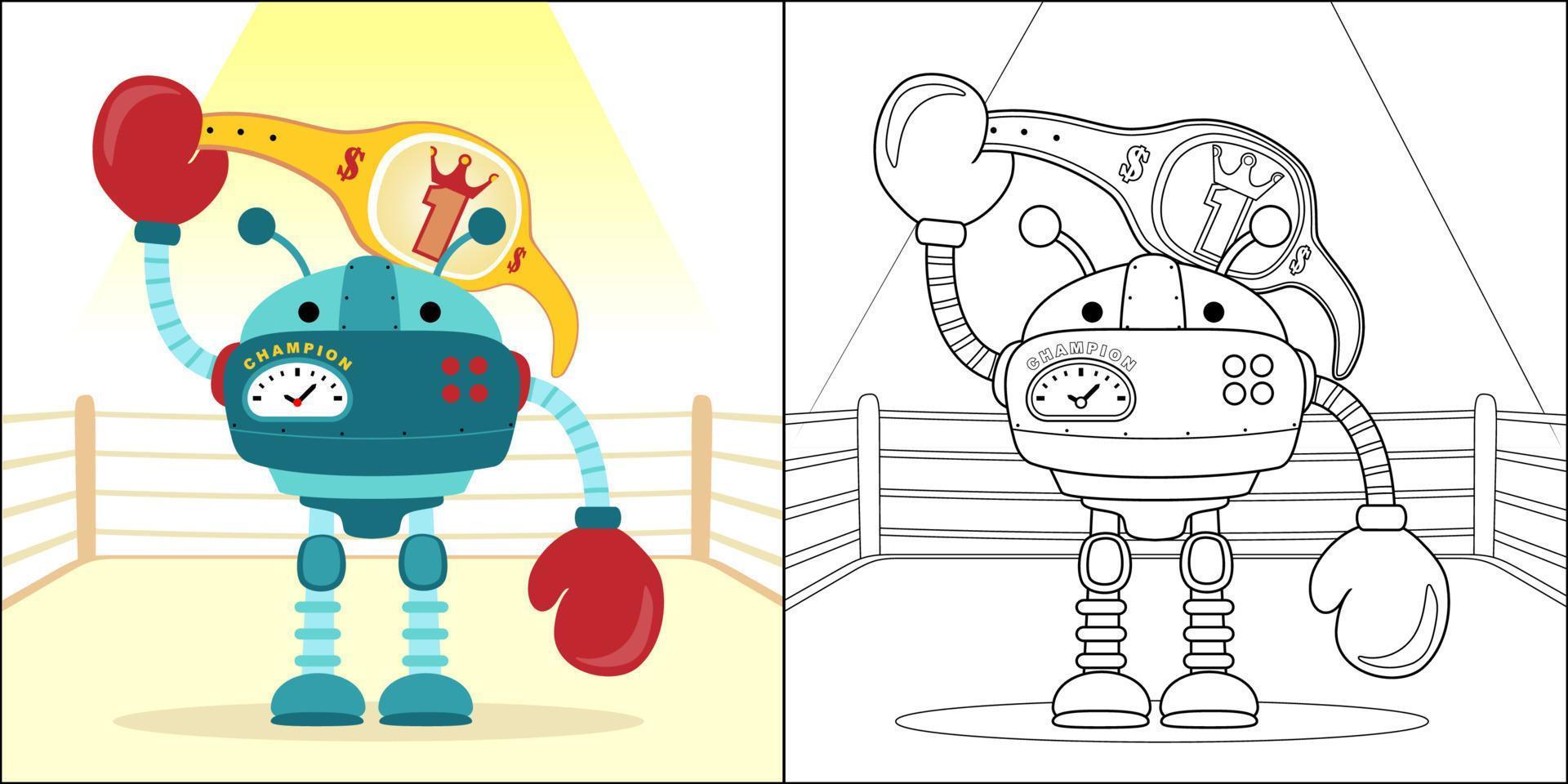 vetor do robô desenho animado em boxe anel segurando boxe cinto, coloração livro ou página