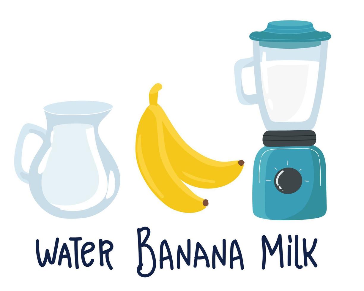 com sabor leite rótulo modelo vetor ilustração banana leite. quão para faço banana leite desenho animado vetor. adicionar banana água para liquidificador vegetal leite. vegetariano bebida,