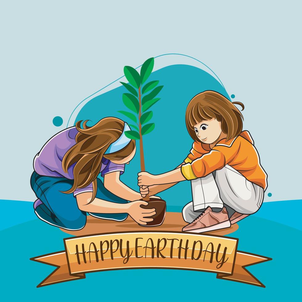 feliz terra dia com uma irmãs plantio uma árvore plantar vetor ilustração livre baixar