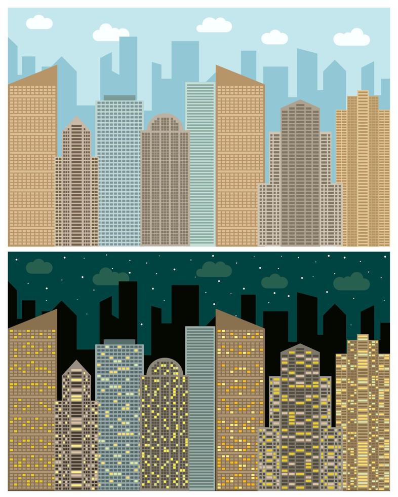 rua Visão com paisagem urbana, arranha-céus e moderno edifícios dentro a dia e noite. vetor urbano panorama ilustração.