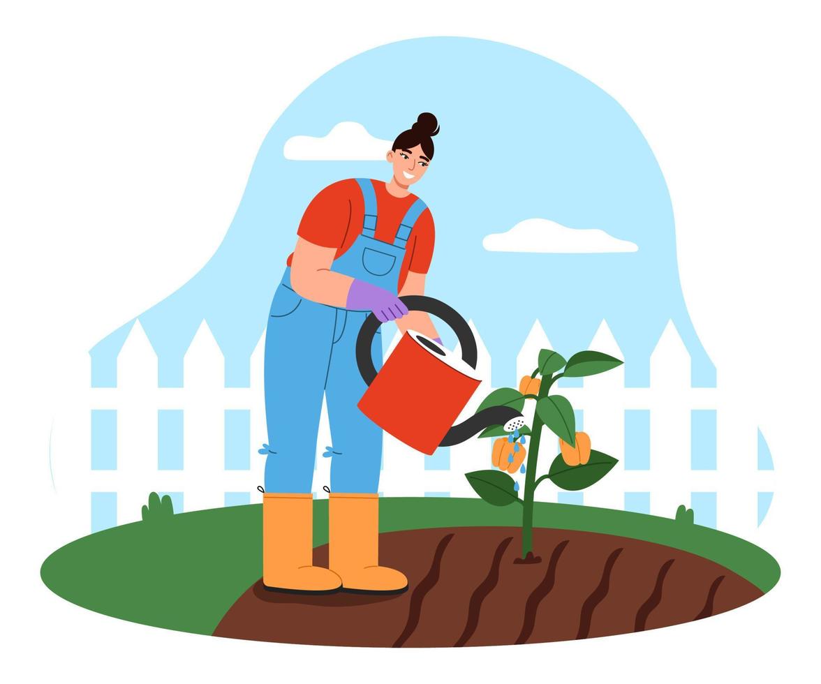 fêmea jardineiro trabalhando dentro a vegetal jardim. jovem mulher rega uma plantar. jardim manutenção conceito. plano vetor ilustração.