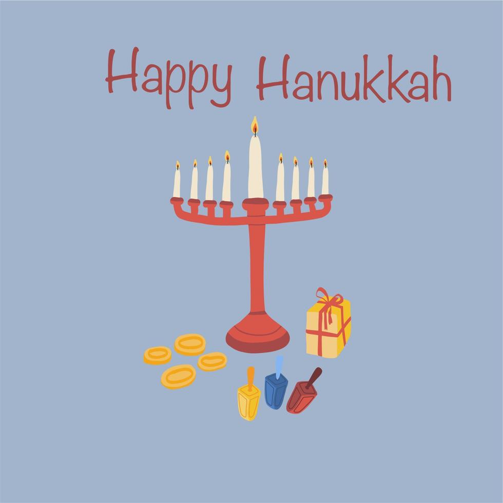 feliz hanukkah cumprimento cartão com menorah velas presente e dinheiro vetor
