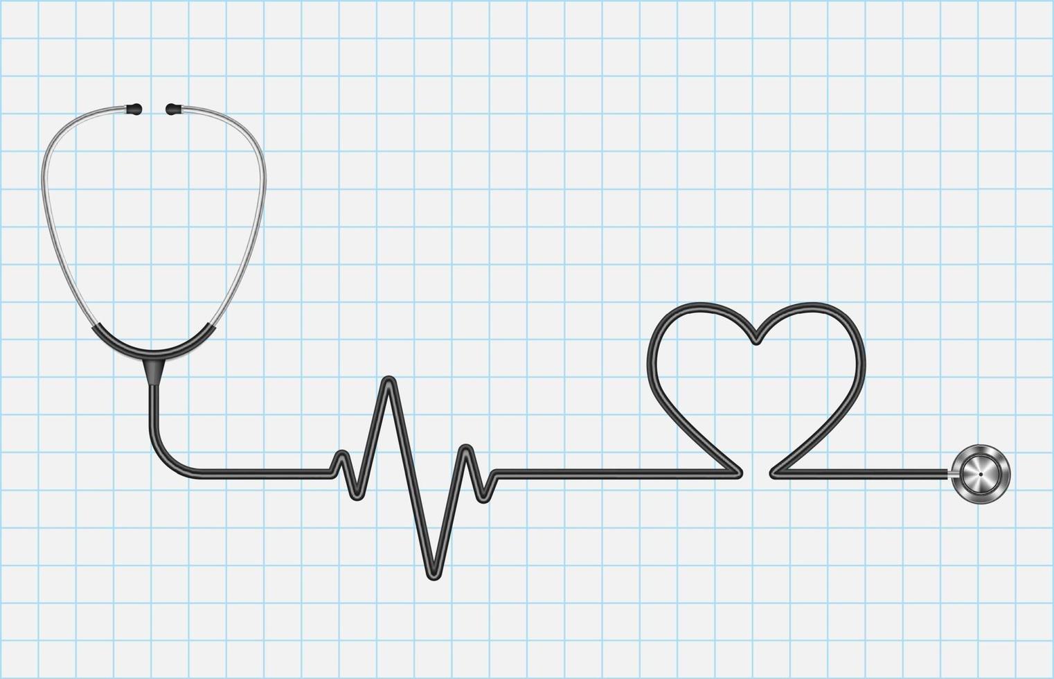 estetoscópio realista e coração isolado em fundo de papel quadriculado, conceito de assistência médica, ilustração vetorial vetor