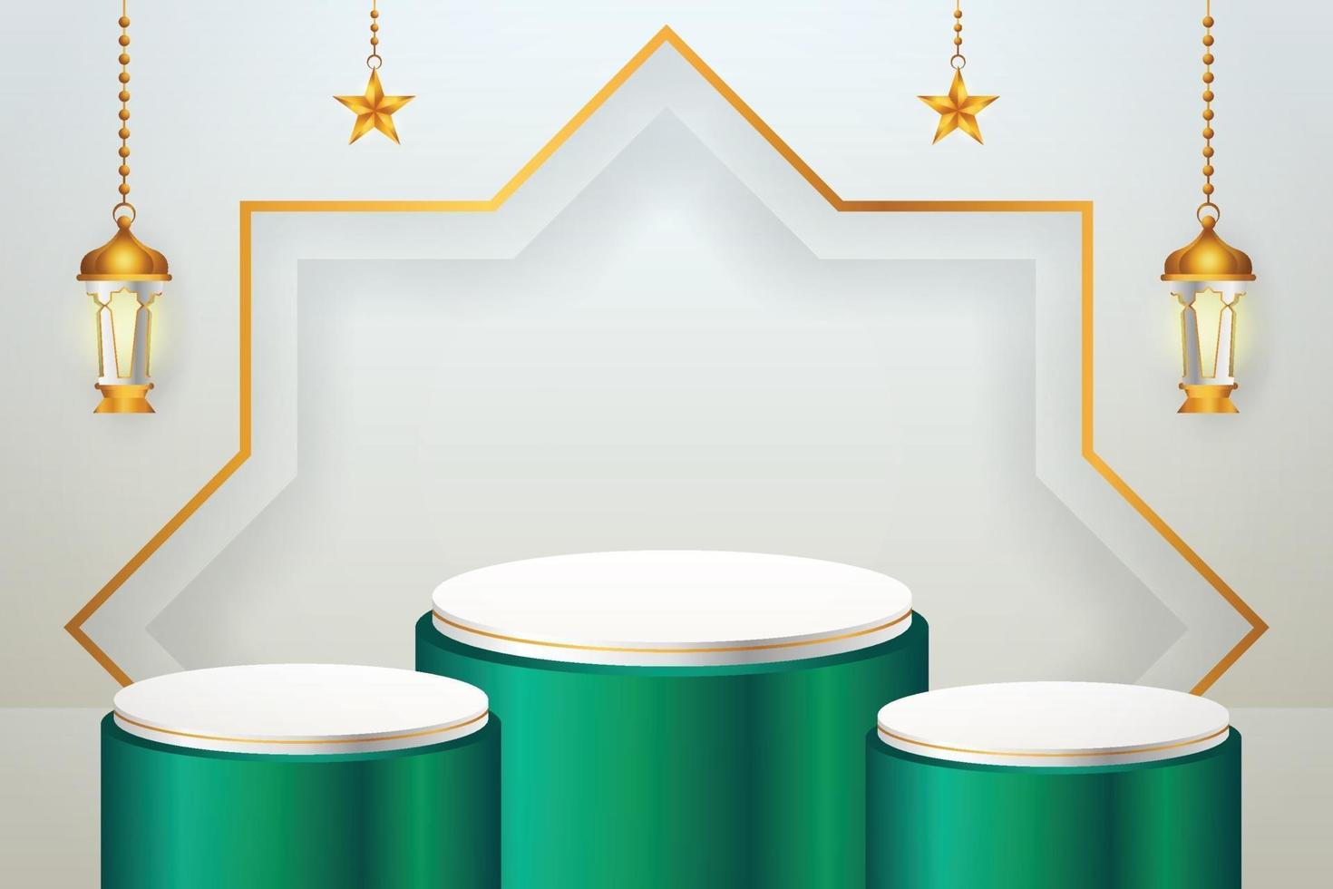 Exibição de produto 3D islâmico com tema de pódio verde e branco com lanterna e estrela para o ramadã vetor