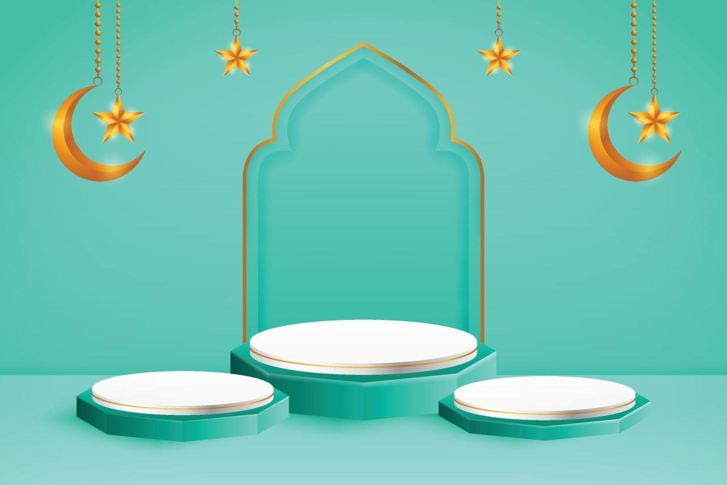 3D product display azul e branco com tema de pódio islâmico com lua crescente e estrela para o ramadã vetor