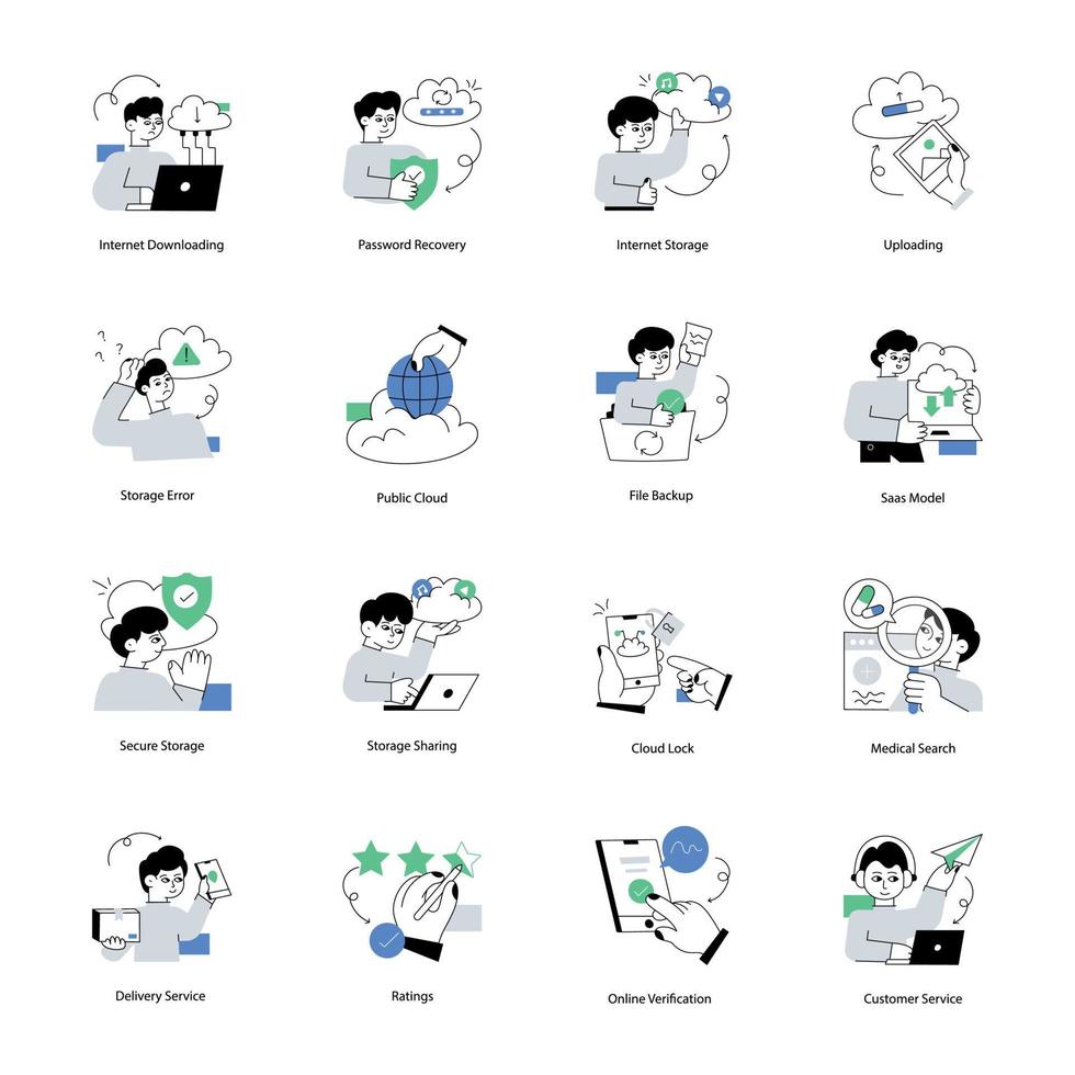 coleção do moderno nuvem armazenamento plano ilustrações vetor