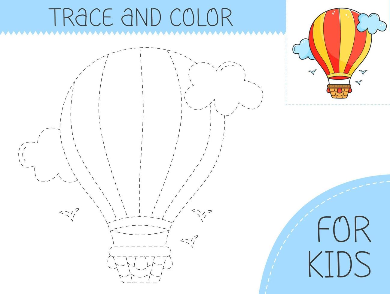 vestígio e cor coloração livro com dirigível para crianças. coloração página com desenho animado dirigível. vetor ilustração para crianças.