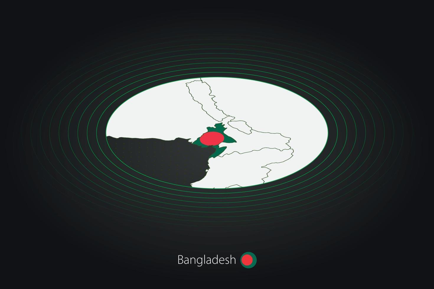 Bangladesh mapa dentro Sombrio cor, oval mapa com vizinho países. vetor