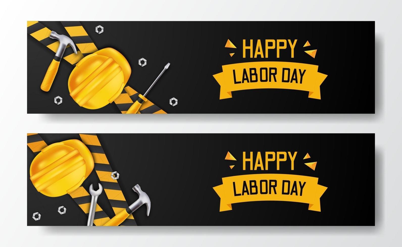 feliz Dia do Trabalho. dia internacional do trabalhador. engenheiro empregado com capacete amarelo de segurança 3d e martelo, chave de fenda, chave inglesa e linha amarela, com fundo preto. modelo de banner panfleto vetor