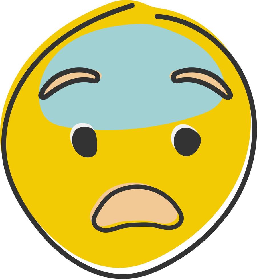 gritando dentro medo emoji. Horror e susto emoticon. amarelo face com azul testa. mão retirou, plano estilo emoticon. vetor