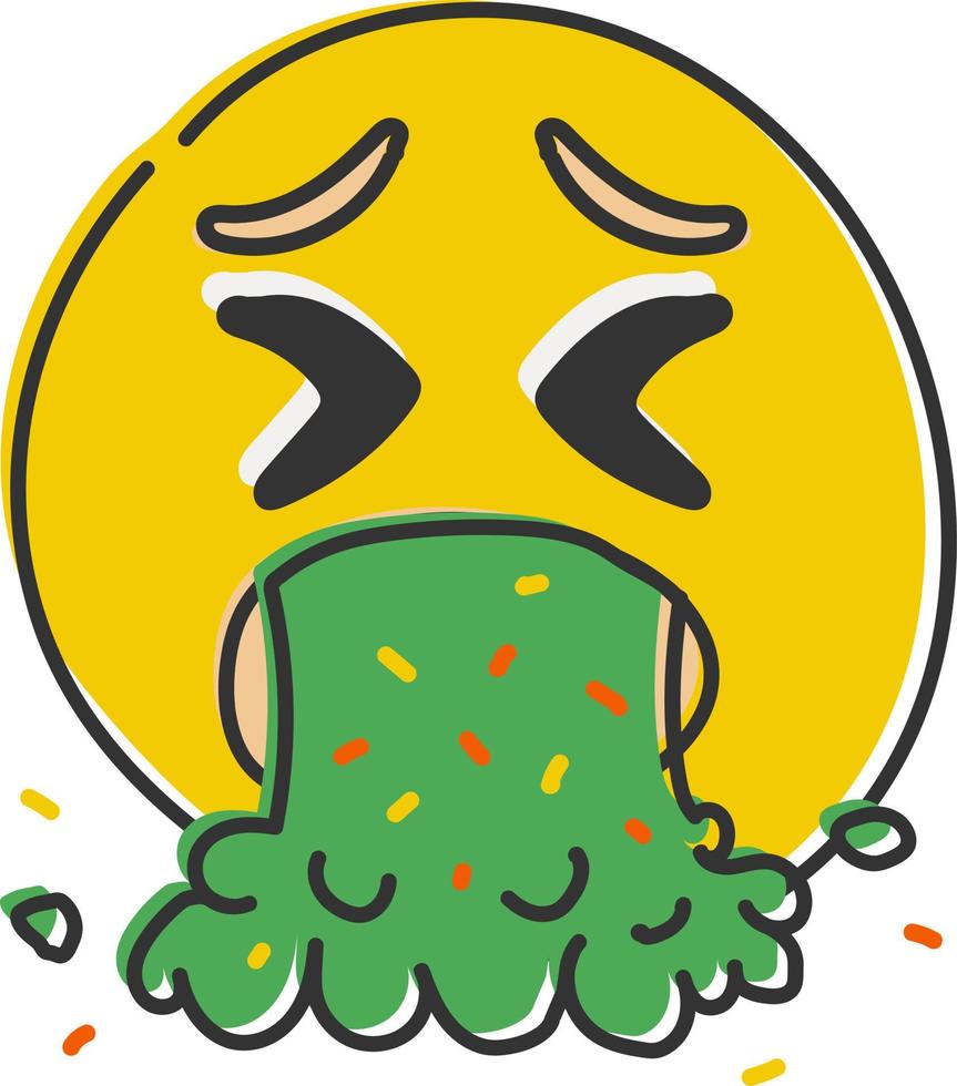 vômito emoji. emoticon jogando acima, amarelo face com em forma de x olhos vomitando verde vomitar. mão retirou, plano estilo emoticon. vetor