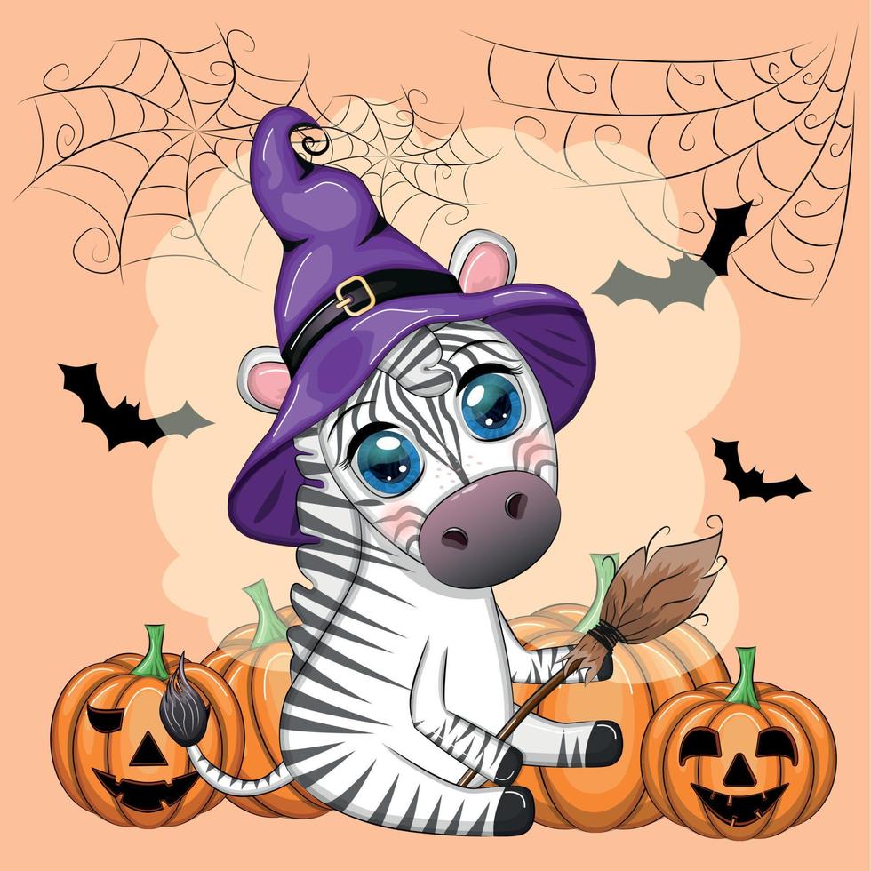 fofa zebra dentro bruxa chapéu, com vassoura, abóbora Jack, Magia poção. poster, cartão, rótulo e decoração para dia das Bruxas vetor