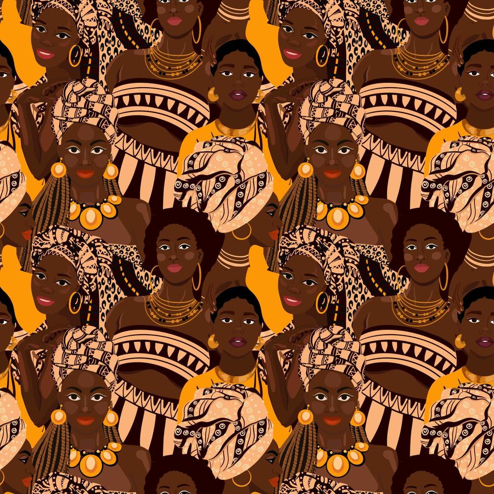 desatado padronizar com lindo étnico africano mulheres, Preto senhoras recorrente textura. na moda papel de parede. vetor