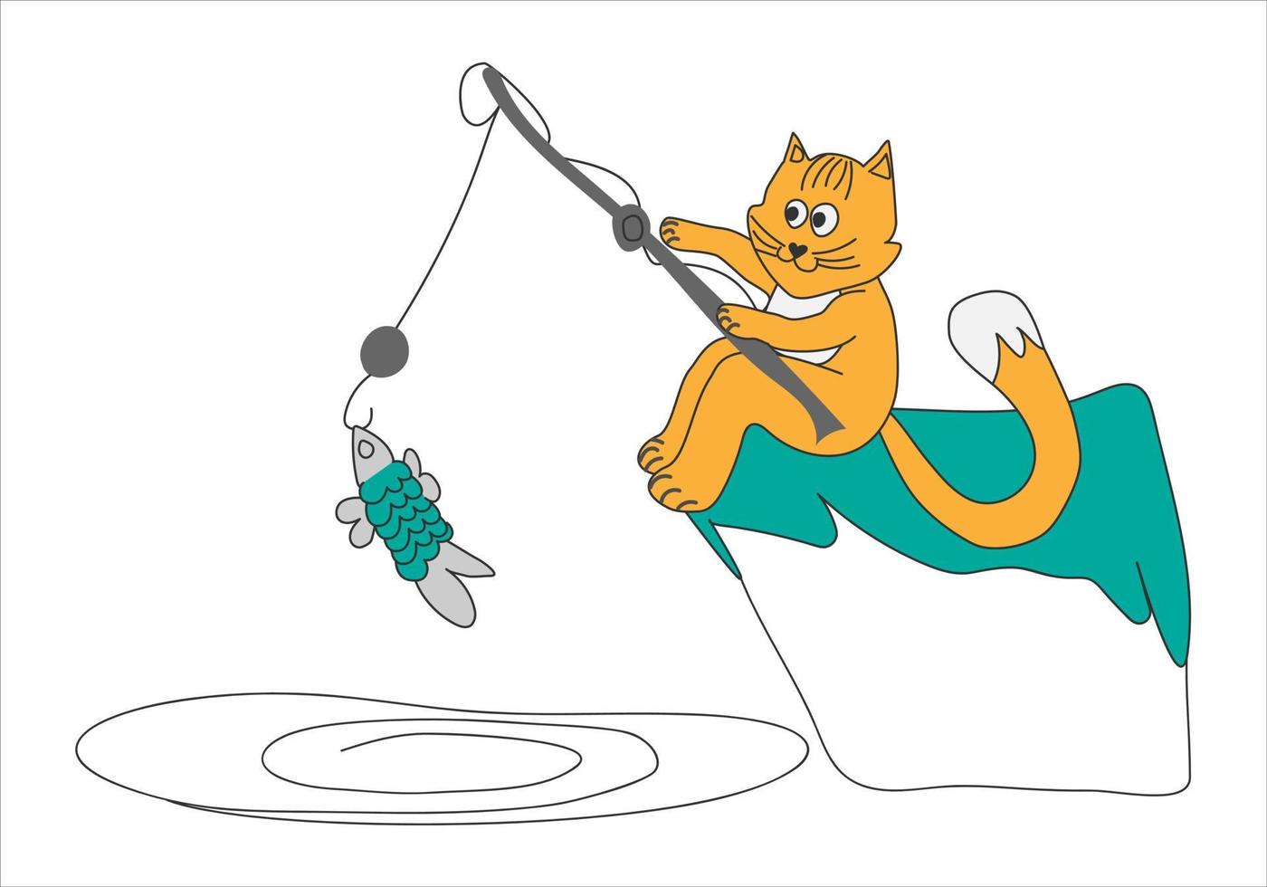 vetor ilustração vermelho gato pescador pega peixe