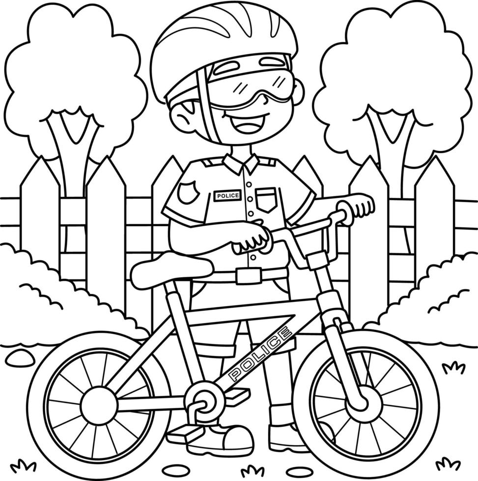 polícia Policial com uma bicicleta coloração página para crianças vetor