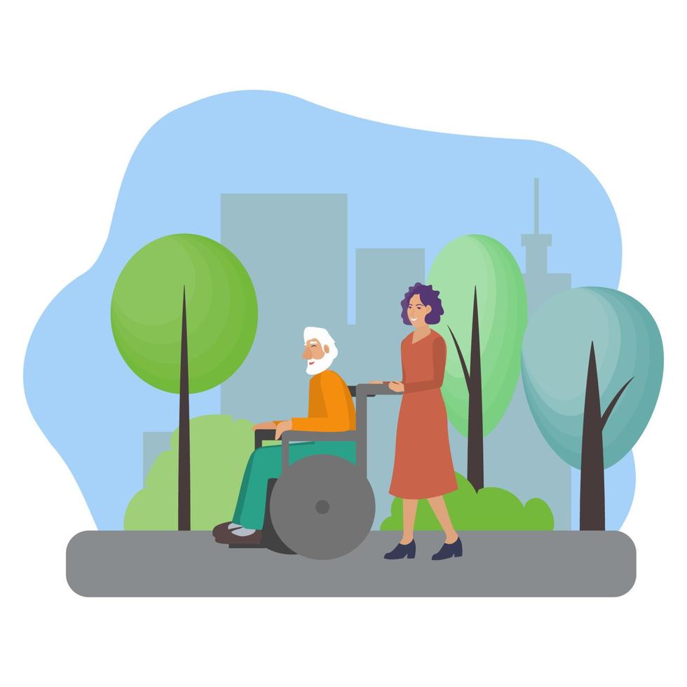 vetor ilustração com uma mulher cuidador quem caminhando com uma cadeira de rodas com a idosos homem dentro a parque dentro uma grande cidade. Socorro e Cuidado para aposentados e doente pessoas. carreiras serviço