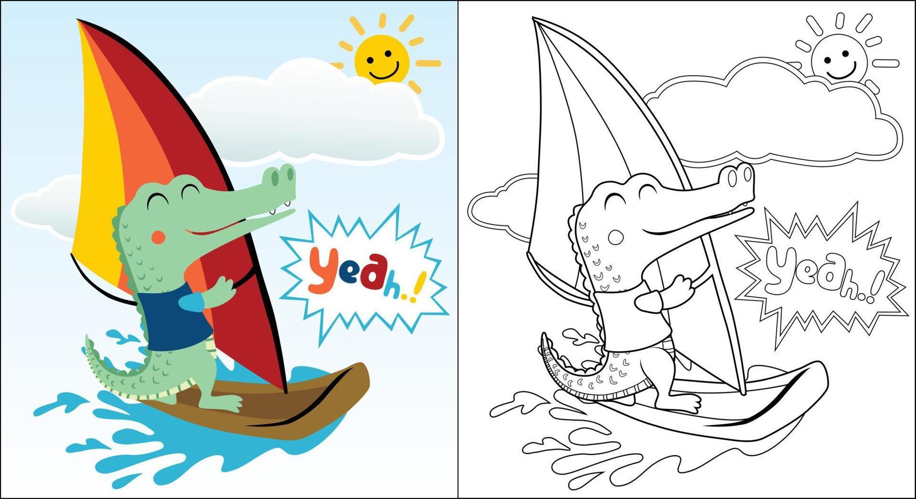crocodilo desenho animado jogando windsurf às verão feriado, coloração livro ou página vetor