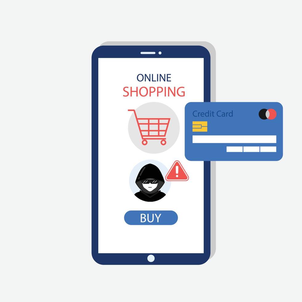 hacker roubando crédito cartão enquanto hacking compras conectados inscrição em Smartphone. vetor