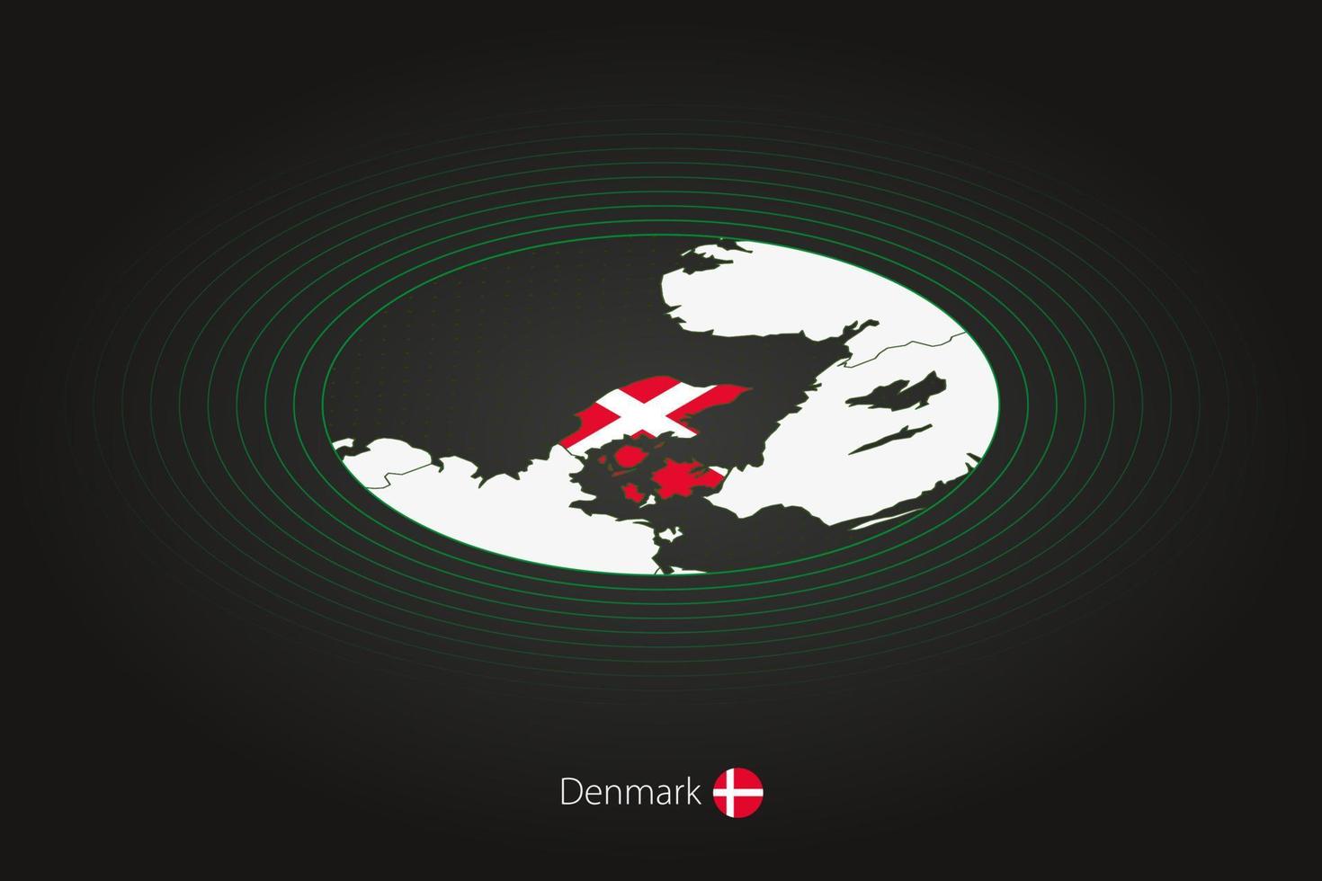 Dinamarca mapa dentro Sombrio cor, oval mapa com vizinho países. vetor