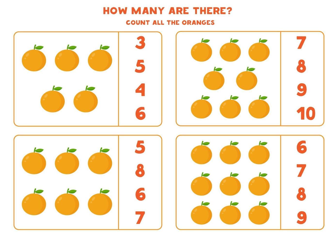 contando o jogo com laranjas de desenhos animados. planilha de matemática. vetor