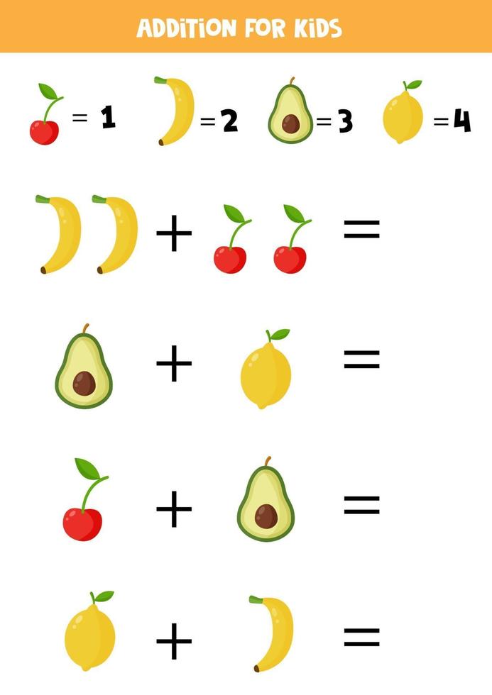 adição com frutas diferentes. banana dos desenhos animados, cereja, limão, abacate. vetor