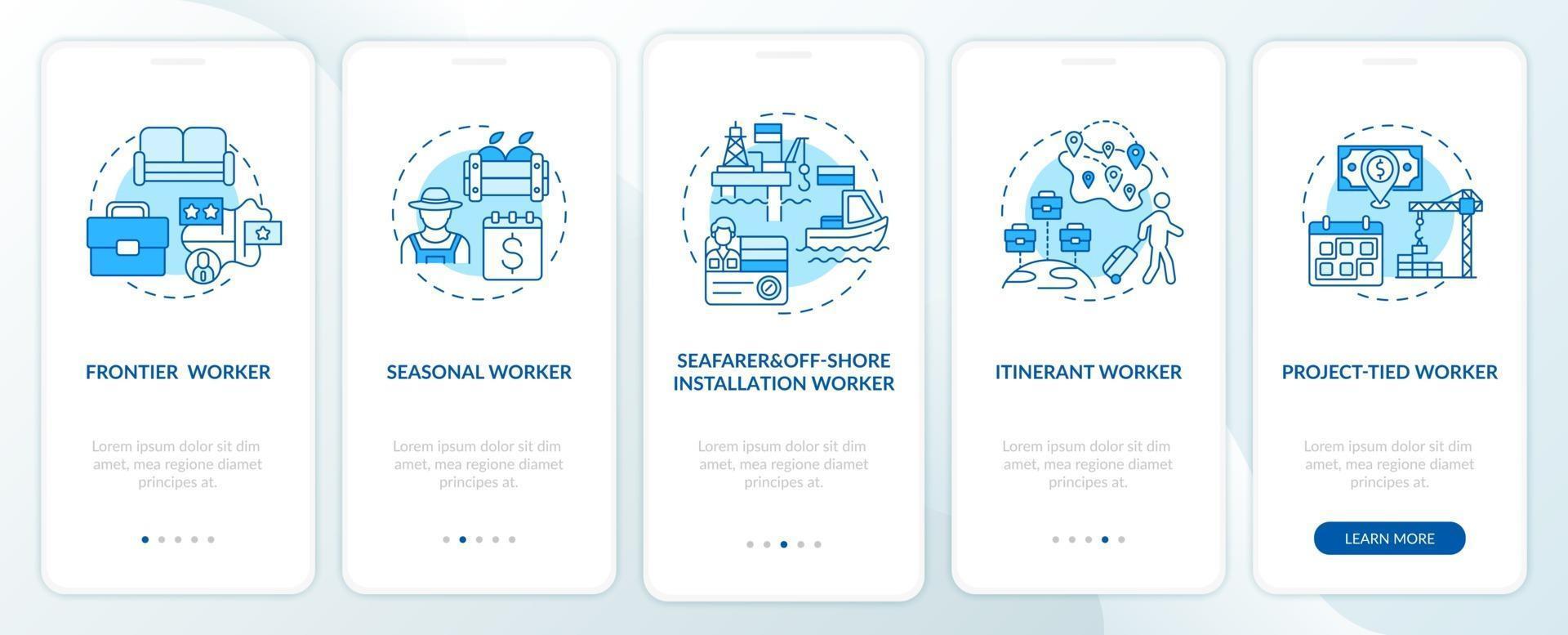 trabalhadores migrantes digitam tela azul da página do aplicativo móvel de integração com conceitos vetor