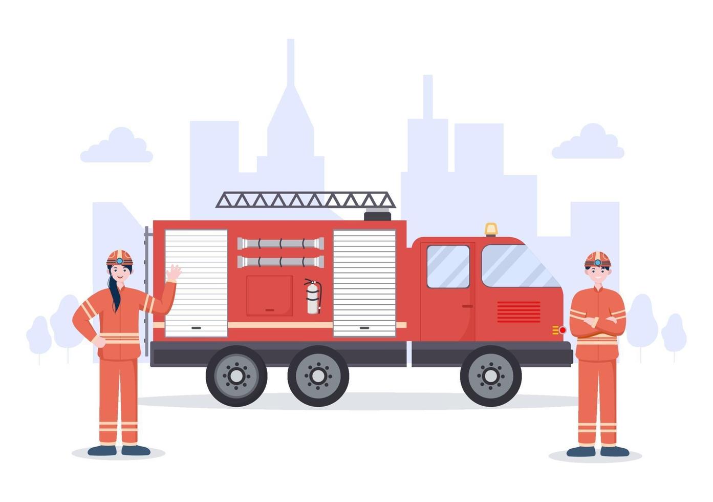 bombeiros com carros de bombeiros domésticos, auxiliando pessoas e animais, utilizando equipamentos de resgate em diversas situações. ilustração vetorial vetor